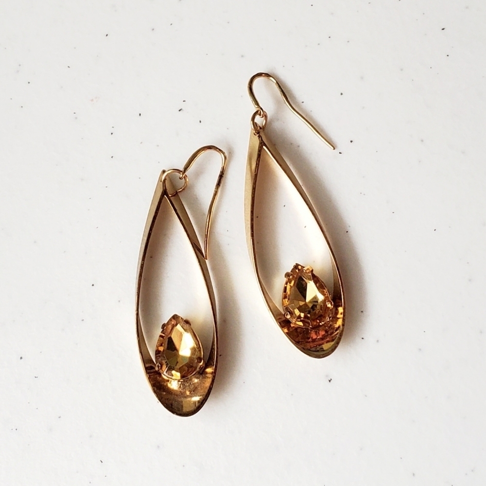 Yellow Gold Tone Tear Drop Earrings with Golden Crystal Fishhooks Good Condition